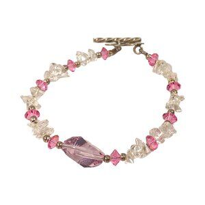 Vintage Bracelet S/M Pink Clear Crystal Sterling Silver 925 Floral Clasp Boho